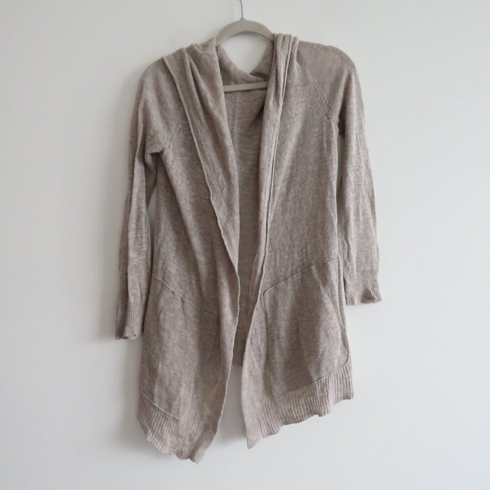 WHITE + WARREN Linen Knit Open Front Hooded Cardigan in Oatmeal Beachy Coastal - Picture 2 of 12